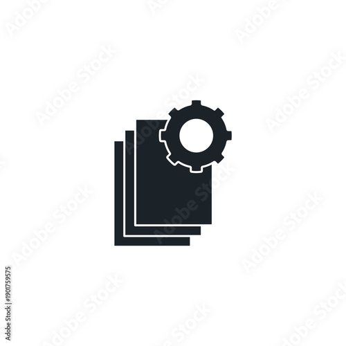 AI batch processing icon. Stack of photos being processed by gear. Automated bulk image editing workflow symbol vector illustration.