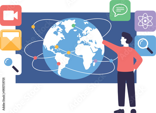 Digital Connectivity Outline Icon Set  Man Using Computer and Global Network