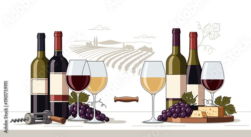 Vector illustration of wine bottles, glasses, and cheese on a table with vineyard decor for Wine Paris & Vinexpo expo, showcasing wine and spirits culture.