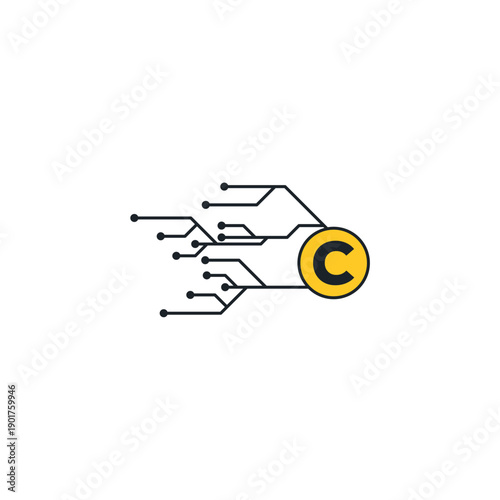 AI copyright icon. Copyright symbol with digital circuit board texture. Artificial intelligence intellectual property law vector illustration.