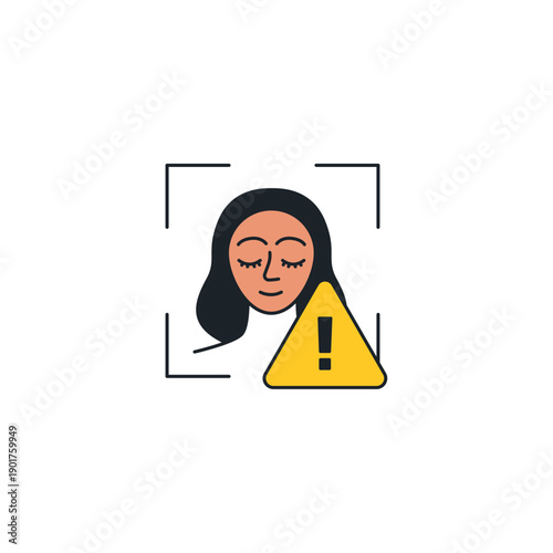 Deepfake detection icon. Face scan recognition with warning triangle. AI fraud security and fake video alert symbol vector illustration.