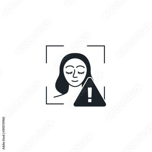 Deepfake detection icon. Face scan recognition with warning triangle. AI fraud security and fake video alert symbol vector illustration.