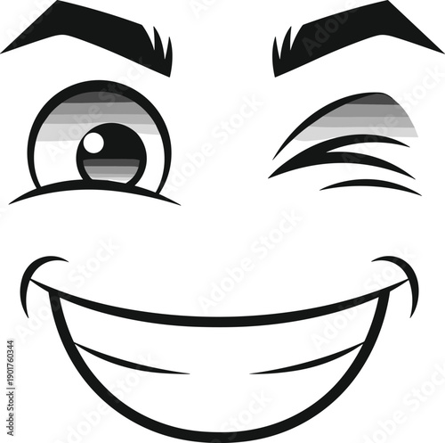 Illustration of a cartoon face with winking eye and smiling mouth, conveying playful expression, viewed from the front