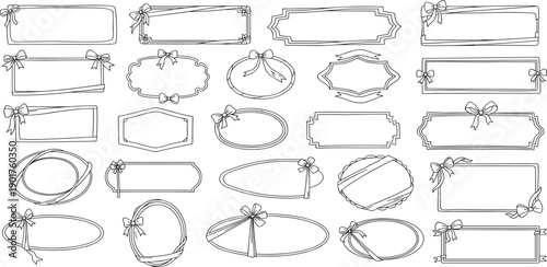 Collection of ornate frames and labels in various shapes and sizes with bows and ribbons, presented in a grid layout