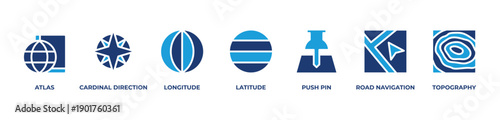 World Navigation Icons set vector illustration with Atlas, Cardinal direction, Longitude, Latitude, Push pin, Road navigation, Topography