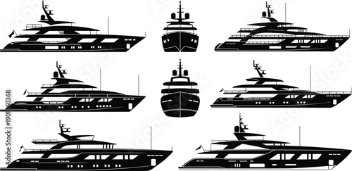 Set of Luxury Motor Yacht Silhouettes Featuring Various Modern Superyacht Profiles and Front Views in Minimalist Black and White Vector Style for Marine Design