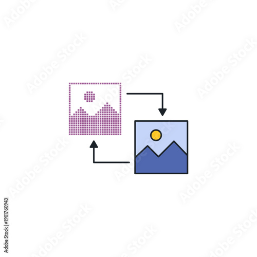 AI style transfer icon. Paintbrush applying artistic filter to photo. Artificial intelligence art effect and pattern generator vector illustration.