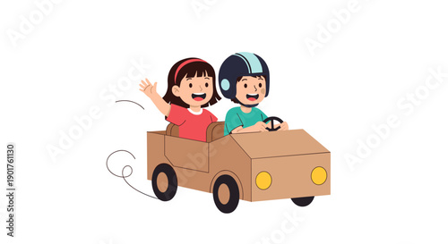 Happy young boy and girl playing together in a toy car made of cardboard boxes with wheels and headlights on white.