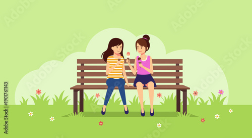 Two female friends sitting on a park bench together while enjoying colorful ice cream cones on a sunny day in a green park.