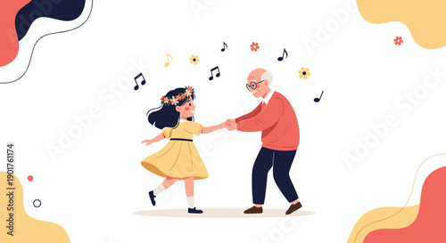 Joyful grandfather and his young granddaughter dancing together surrounded by musical notes and floral elements on white.