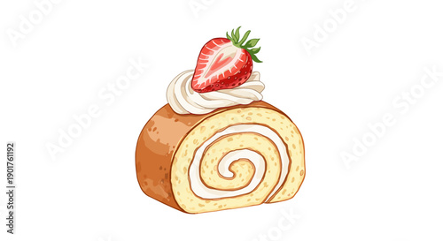 Close up of a swiss roll cake slice with creamy filling topped with a fresh strawberry half on a plain white background.