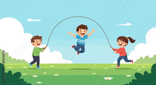 Three happy children playing together by skipping rope in a sunny green park with white clouds and bushes in the background.