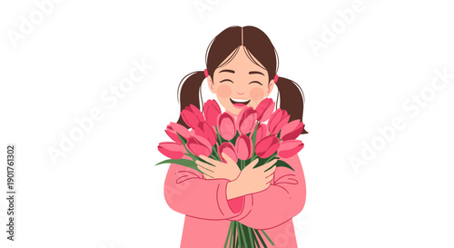 Joyful young girl with pigtails laughs happily while embracing a large bouquet of bright pink tulips in a pink sweater.