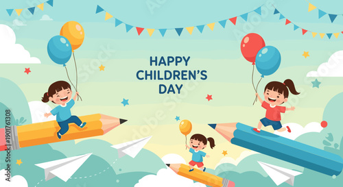 Joyful children flying on giant pencils through the sky with balloons and paper planes to celebrate Happy Children's Day in style.
