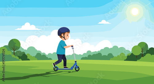 Young boy wearing a safety helmet rides his blue scooter across a sunny green park landscape with trees and clouds.