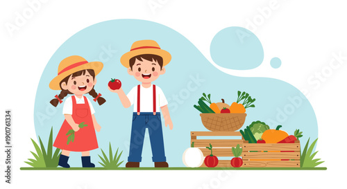 Young farmers, a boy and girl, stand proudly by crates of freshly harvested vegetables including carrots and pumpkins.