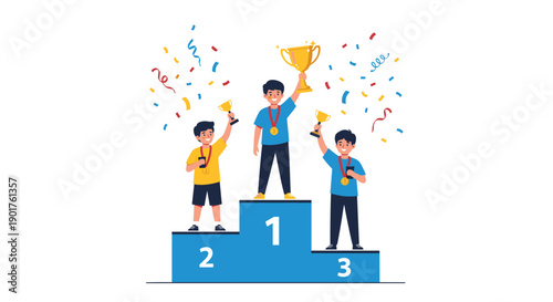 Three young boys celebrate their victory standing on a first, second, and third place podium with trophies and confetti.