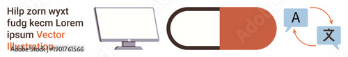 Language services, tech innovation, online platforms, communication, healthcare integration, multilingual tools. Monitor, capsule and translation speech bubbles. Language services and tech