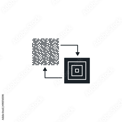Image upscaling icon. Low resolution pixelated square turning into high quality sharp photo. AI enhance and resize vector illustration.