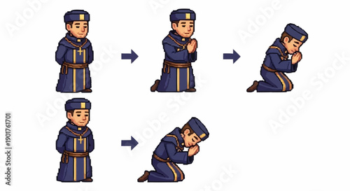 Illustration of a monk praying in different positions.