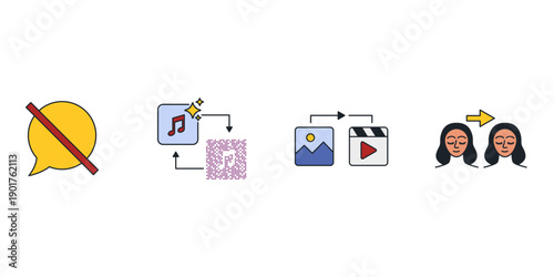 Generative AI creative tools vector icons set. Artificial intelligence art creation symbols including text to image, video generation and magic edit. Digital technology illustration.