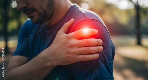 Rotator cuff tear and deltoid muscle pain. Orthopedic surgery and healing. Man holding his shoulder in agony with bright red pain spot in park