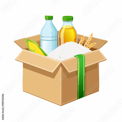 Essential Food Staples in a Donation Cardboard Box Illustration
