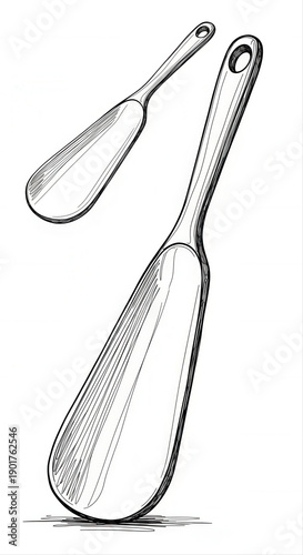 Detailed illustration of two shoehorns with ergonomic design, isolated on a white background, showcasing sleek lines and minimalist style