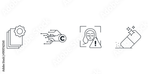 Generative AI creative tools vector icons set. Artificial intelligence art creation symbols including text to image, video generation and magic edit. Digital technology illustration.