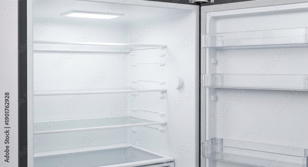 Fototapeta premium An empty, open refrigerator reveals interior shelves, a light, and a pristine, clean design