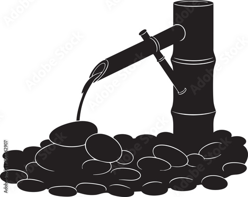 Silhouette of a Japanese bamboo water feature (shishi-odoshi) with pouring water and stones, isolated on white background