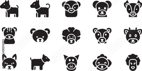 Set of Minimalist Black and White Animal Face Icons Featuring Cute Dogs Cats Bears Monkeys and Domestic Farm Animals for Graphic Design