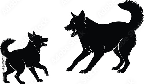 Black wolf silhouettes confronting, adult and pup canine figures, aggressive defensive stance, wildlife animal vector illustration isolated on white background