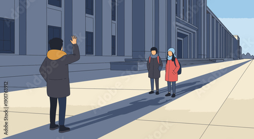An illustrated scene depicts a person waving to two friends on a wide urban plaza with imposing modern buildings under a clear blue sky.