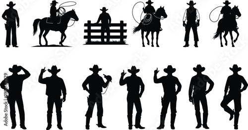 Cowboy silhouette set, western ranch riders and standing poses, horse lasso scenes, black vector illustration collection, isolated wild west characters