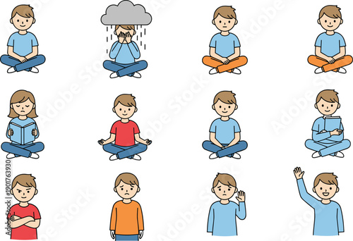 Child Emotions and Feelings Vector Set Showing Boy Expressing Happiness, Sadness, Anger, Fear, Confusion, and Emotional States for Education and Psychology Use