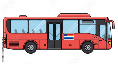 Red city bus with black doors and windows on white background for urban transport concepts