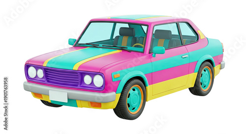 Retro Car with Vibrant Pink, Teal, and Yellow Stripes
