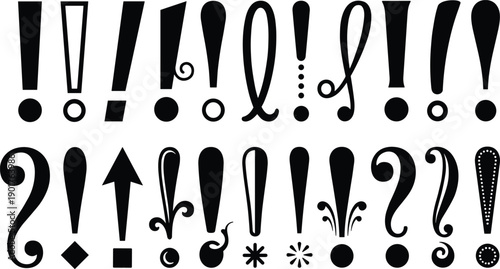 Black Decorative Exclamation and Question Marks Set Featuring Creative Punctuation Marks Typography Symbols and Ornate Design Elements for Graphic Projects Illustration