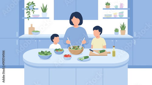Family Cooking Together in Modern Kitchen
