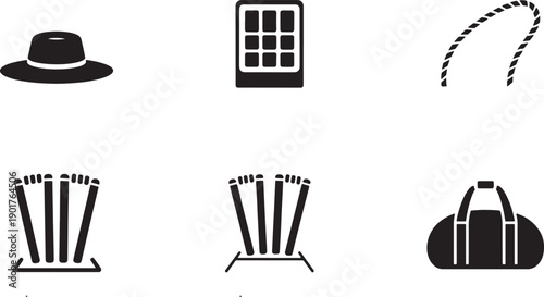 Assortment of sporting accessories, hat, score pad, rope, wickets, and duffel bag icon set