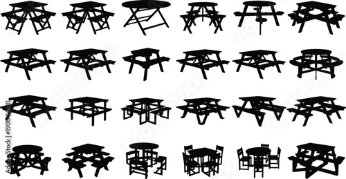 Picnic table silhouette collection, outdoor wooden table and bench set, camping park furniture vector illustration for signage, maps, landscape, and design projects