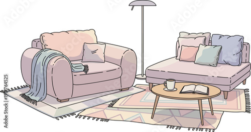 Modern Living Room Interior With Sofa Armchair Coffee Table Floor Lamp Rugs And Pillows In Soft Pastel Vector Illustration