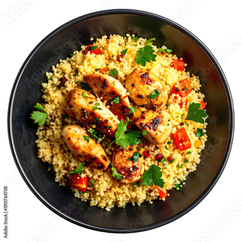 Savory chicken couscous, a hearty north african meal with fluffy grains and stewed vegetables on a dark plate, isolated on a white background