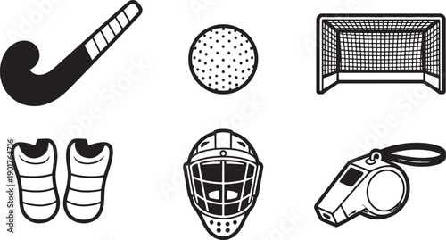 Field hockey equipment vector icon set with stick ball goal and protective gear