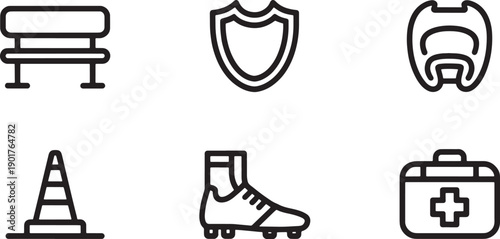 Line art icons of sports items: bench, shield, helmet, cone, shoe, and first aid kit