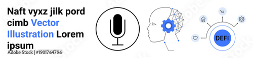 Artificial intelligence, blockchain, decentralized finance, digital economy, machine learning, speech recognition. Human head with AI gear, microphone connected DeFi nodes. Artificial intelligence