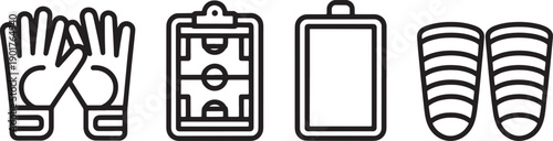 Soccer equipment icon set on transparent background football kit outline black icons