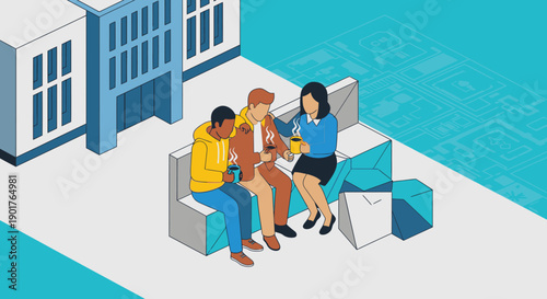 Isometric illustration of three diverse individuals sharing a supportive conversation and warm drinks on a bench outside a modern building, fostering connection.
