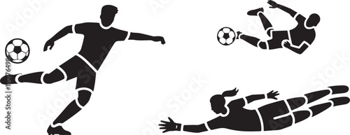 Soccer player silhouettes showing different football actions like kicking diving and dribbling
